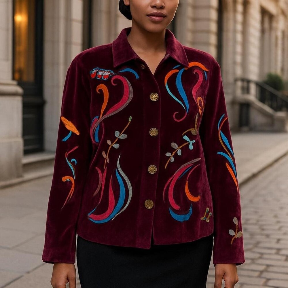 Alex Evenings Burgundy Velvet Blazer with Embroidery 3X Festival Holiday